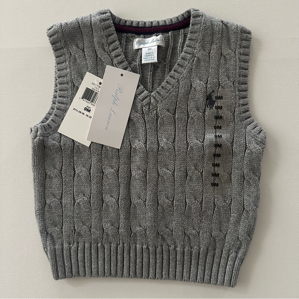Ralph Lauren 9 Months Baby Boy V-Neck Gray Cable Knit Sweater Vest NWT